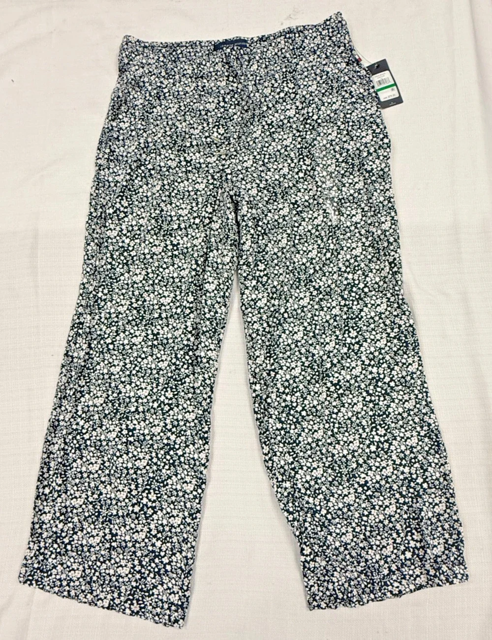 Tommy Hilfiger Floral Print Pull On Pants Large Navy White Wide Leg NWT